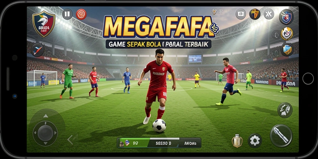 Screenshot gameplay MEGAFAFA yang menampilkan aksi sepak bola seru.