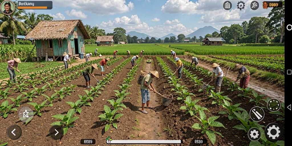 Screenshot gameplay RR89 menampilkan kebun yang subur dan penuh warna.