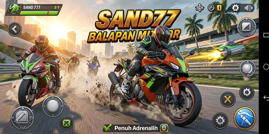 Gameplay mendebarkan SAND77 dengan balapan motor yang cepat.